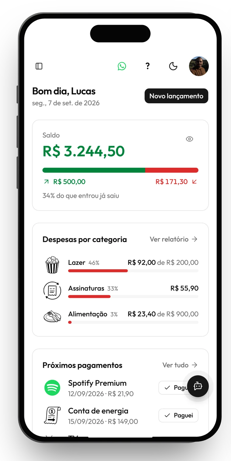 Painel do Severino no celular mostrando saldo, entradas, saídas e gastos por categoria