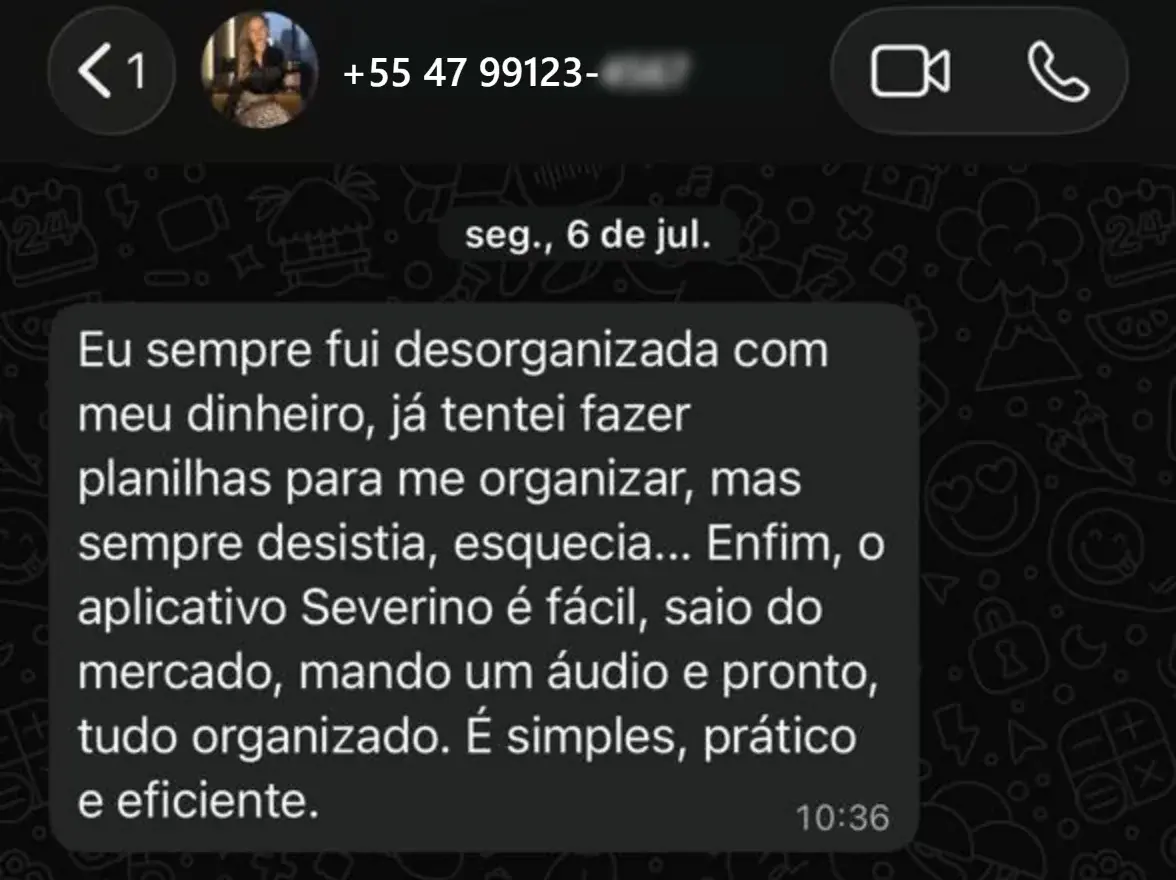 Mensagem no WhatsApp: depois de tentar planilhas sem sucesso, o aplicativo Severino é fácil, ela sai do mercado, manda um áudio e fica tudo organizado.